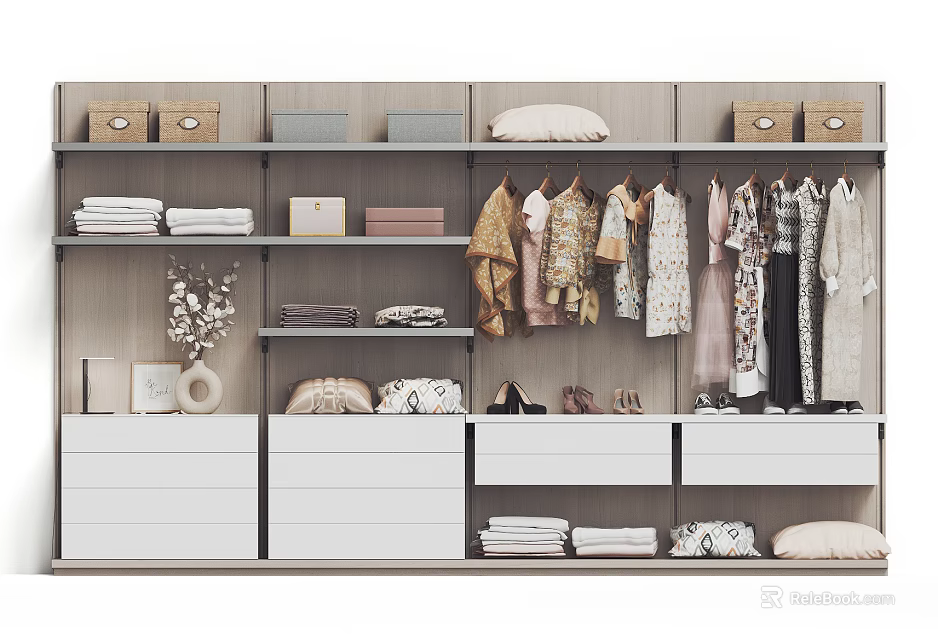 Modern Wardrobe Interior with Hanging Folded Clothes Drawers Storage Boxes and Decorative Items 3d model 
