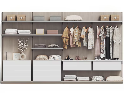 Modern Wardrobe Interior with Hanging Folded Clothes Drawers Storage Boxes and Decorative Items 3d model