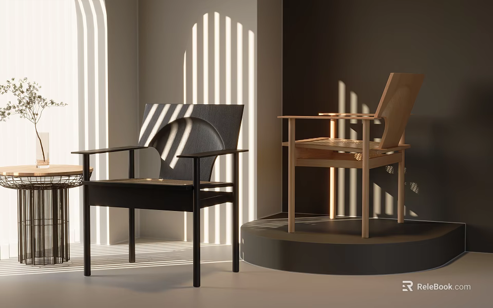 Black And Wooden Dining Chairs With Sunlight Shadows On Indoor Display Platform Scene 3d model 