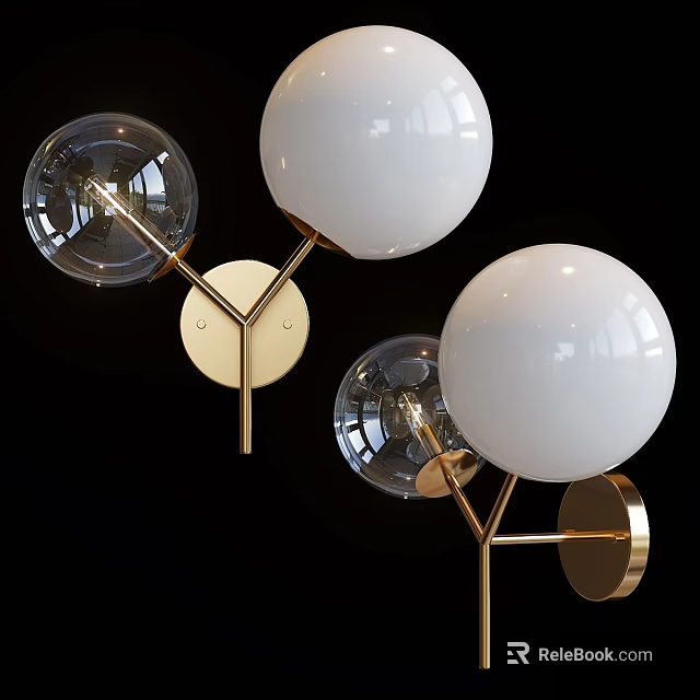 Stylish Wall Lights Featuring Transparent White Glass Globes And Golden Metal Brackets 3d model 