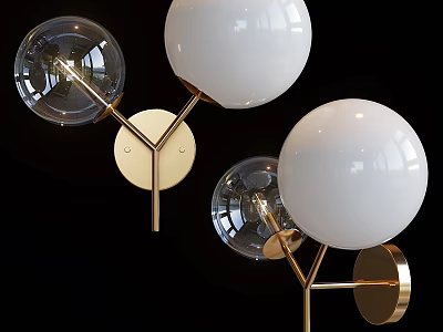 Stylish Wall Lights Featuring Transparent White Glass Globes And Golden Metal Brackets 3d model