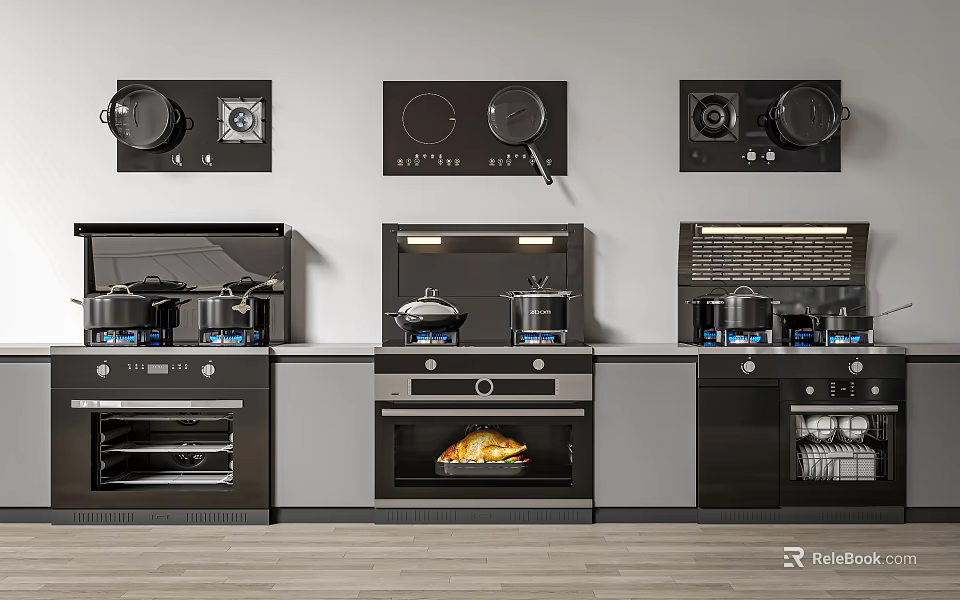 Sleek Black Built-in Kitchen Appliances Featuring Stove Oven Range Hood and Pans 3d model 