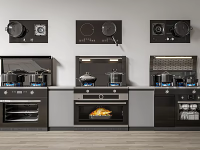 Sleek Black Built-in Kitchen Appliances Featuring Stove Oven Range Hood and Pans 3d model