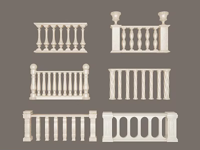White Decorative Railings with Various Designs and Ornate Architectural Details 3d model