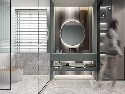 Modern Bathroom Interior With Round Mirror Glass Shower Marble Walls And Blinds 3d model