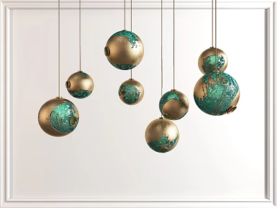 Elegant Spherical Chandeliers With Gold And Teal Decorative Patterns Hanging 3d model