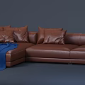 Brown Leather Sectional Sofa With Multiple Cushions And Blue Blanket For Home Interior 3d model