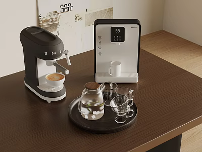 Modern Coffee Machines with Glass Carafe and Cups on Wooden Table 3d model