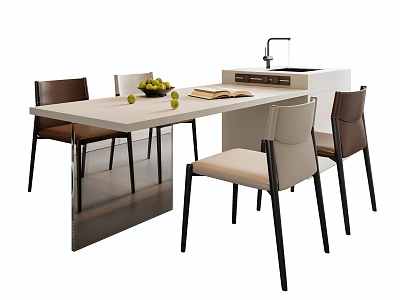 Modern Dining Table Set With Mixed Color Chairs And Fruits Book On Table Top 3d model