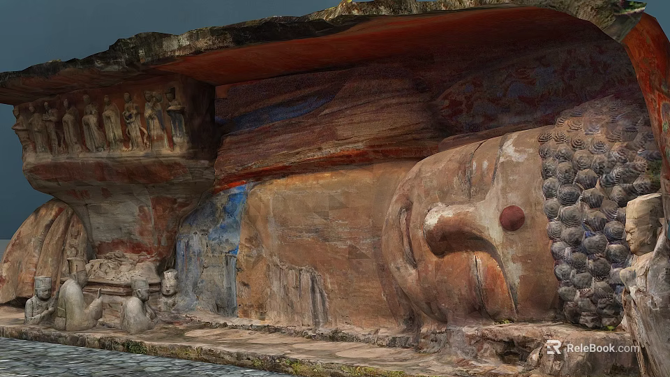Ancient Historical Architecture Cliffside Giant Buddha Statue With Intricate Rock Carvings 3d model 