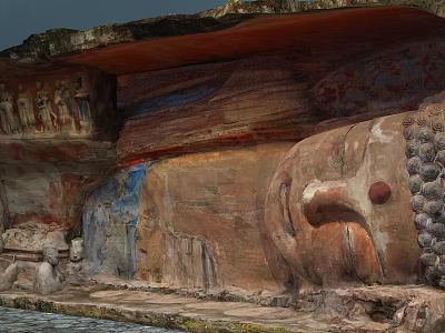 Ancient Historical Architecture Cliffside Giant Buddha Statue With Intricate Rock Carvings 3d model