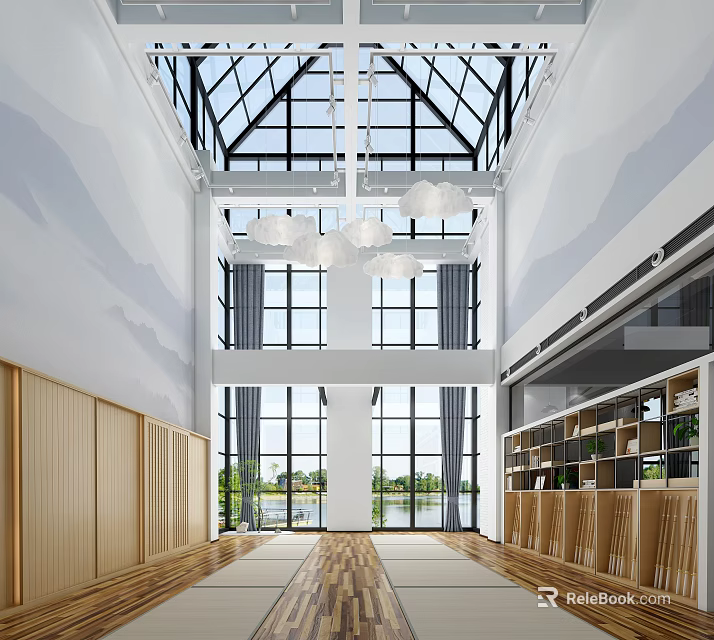 Spacious Bright Indoor Fitness Studio With Large Windows Wooden Floors Glass Roof And Bookshelves 3d model 