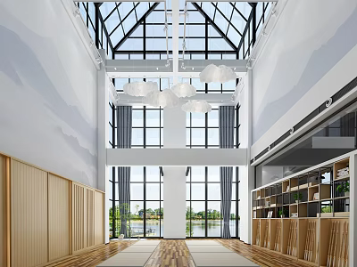 Spacious Bright Indoor Fitness Studio With Large Windows Wooden Floors Glass Roof And Bookshelves 3d model