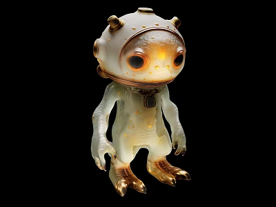 White Alien Game Movie Character With Big Orange Eyes Transparent Body And Golden Feet 3d model