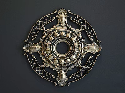 Detailed Ornate Carved Metal Decor With Symmetrical Grill Patterns Circular Design And Figure Heads 3d model