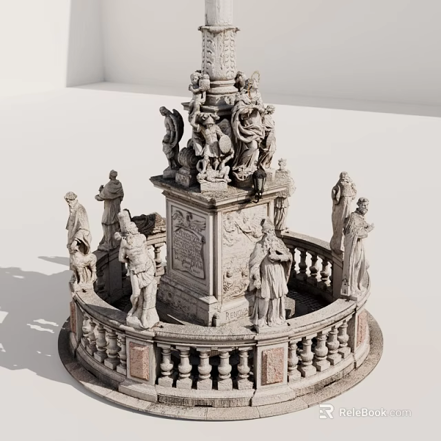 Elaborate Stone Sculpture Fountain with Multiple Figures and Decorative Pedestal Railing 3d model 