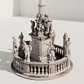 Elaborate Stone Sculpture Fountain with Multiple Figures and Decorative Pedestal Railing
