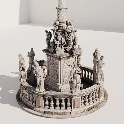 Elaborate Stone Sculpture Fountain with Multiple Figures and Decorative Pedestal Railing 3d model