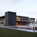Modern Waterfront Building With Glass Facade Red Brick Accents Tiered Plaza People Relaxing Wooden Walkway