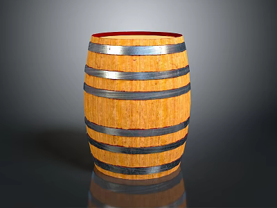 Wooden Barrel With Metal Hoops And Red Top For Home Storage And Decoration 3d model