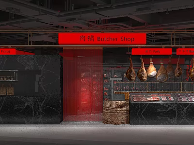 Supermarket Department Store Butcher Shop With Hanging Hams And Displayed Meats 3d model