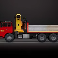 Red Utility Truck With Yellow Crane Arm Large Tires And Flatbed Design 3d model