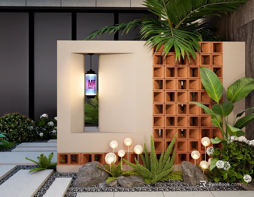 Modern Outdoor Feature Wall Design With Wooden Lattice Green Plants Decorative Lights And Stone Accents 3d model 