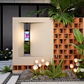 Modern Outdoor Feature Wall Design With Wooden Lattice Green Plants Decorative Lights And Stone Accents