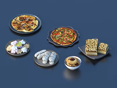 Delicious Assorted Food Platter With Two Pizzas Star Shaped Cookies Pastries And Cake Slices 3d model