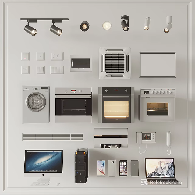 Modern Kitchen With Downlights And Spotlights Featuring Ovens Washing Machine And Electronics 3d model 