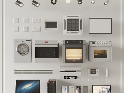 Modern Kitchen With Downlights And Spotlights Featuring Ovens Washing Machine And Electronics 3d model