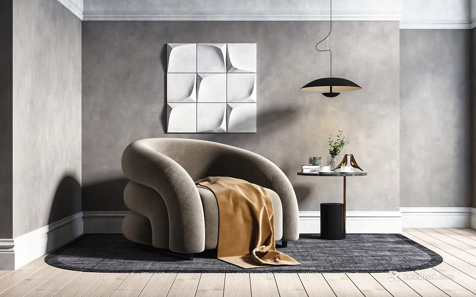 Upholstered Single Sofa Interior Design With Throw Blanket Side Table And Decorative Wall Art 3d model 