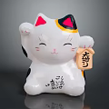 Ceramic White Lucky Cat Decorative Figurine With Black Yellow Ears Raised Paw And Wooden Plaque