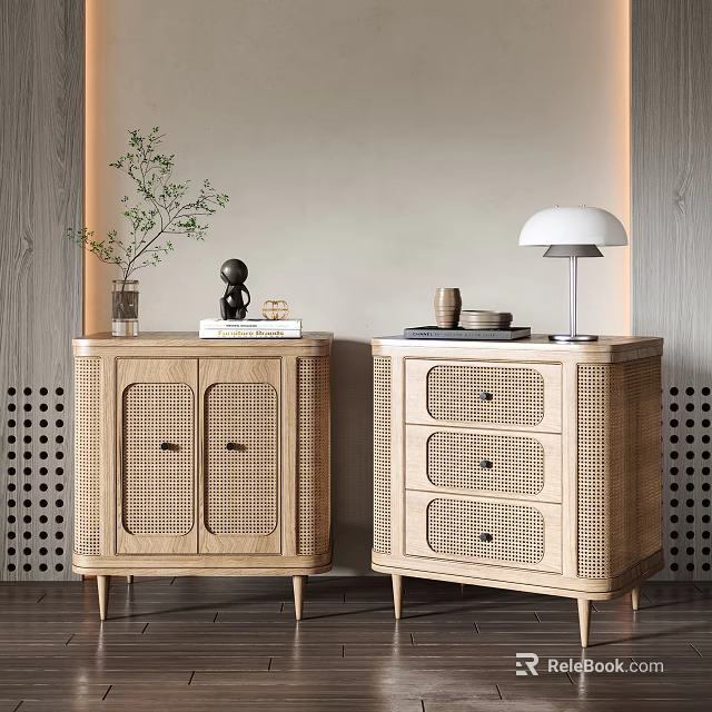 Modern Wooden Bedside Tables with Rattan Doors Drawers Lamp Plants Books and Decor 3d model 