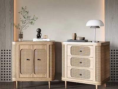 Modern Wooden Bedside Tables with Rattan Doors Drawers Lamp Plants Books and Decor 3d model