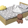 Kids Bed With Light Yellow Frame Bear Pattern Bedding And Brown Teddy Bear