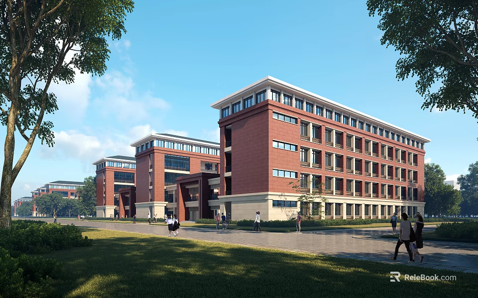 Red Brick Multi Story School Building With Large Windows Greenery And Pedestrians On Campus 3d model 