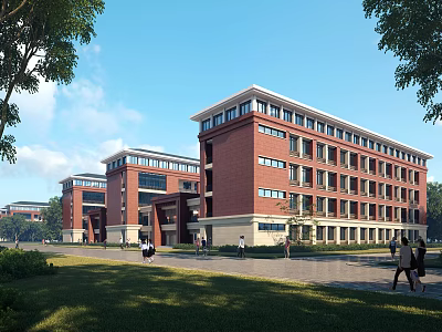 Red Brick Multi Story School Building With Large Windows Greenery And Pedestrians On Campus 3d model
