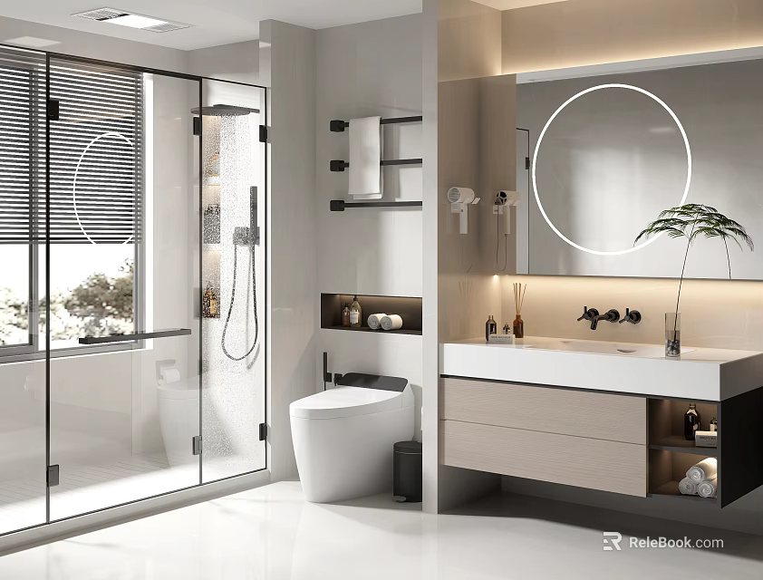 Modern Bathroom Interior Design With Glass Shower Round Mirror Vanity And Toilet 3d model 