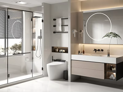 Modern Bathroom Interior Design With Glass Shower Round Mirror Vanity And Toilet 3d model