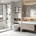 Modern Bathroom Interior Design With Glass Shower Round Mirror Vanity And Toilet