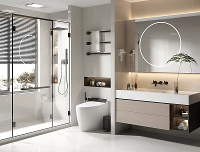 Modern Bathroom Interior Design With Glass Shower Round Mirror Vanity And Toilet 3d model