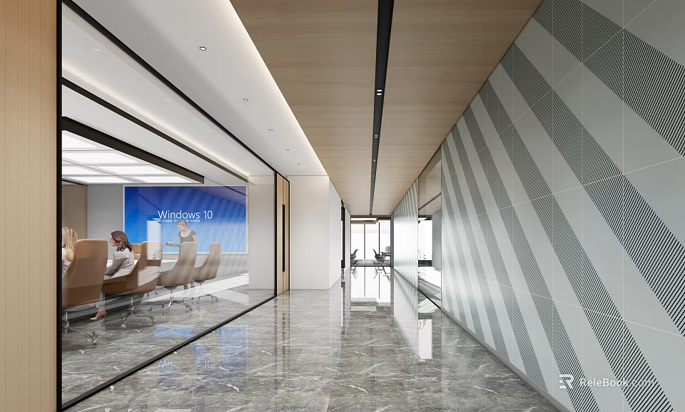 Modern Office Corridor With Marble Floor Geometric Pattern Walls And Wooden Ceiling 3d model 