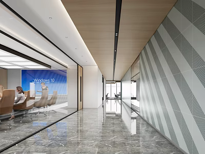 Modern Office Corridor With Marble Floor Geometric Pattern Walls And Wooden Ceiling 3d model