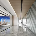 Modern Office Corridor With Marble Floor Geometric Pattern Walls And Wooden Ceiling