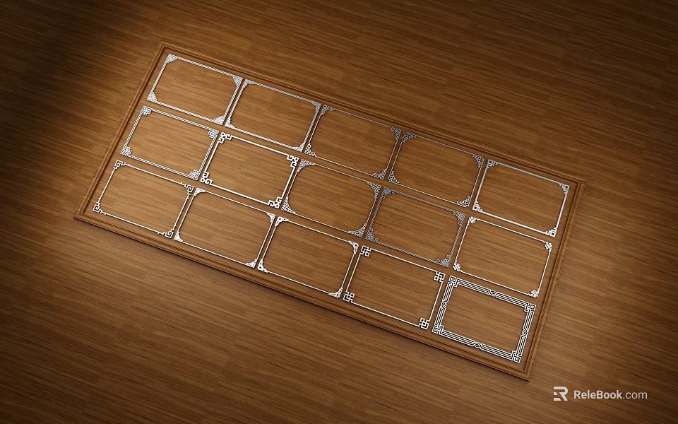 Brown Rectangular Carved Mat with Silver Edge Patterns on Wooden Floor Square Grid Sections 3d model