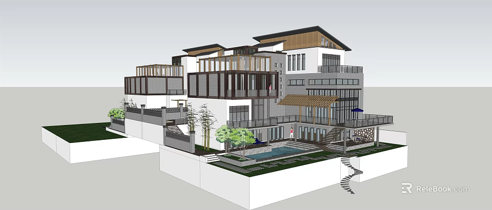 Modern Twin Villa Exterior With Balconies Floor to Ceiling Windows and Courtyard 3d model 