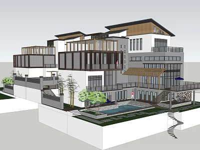Modern Twin Villa Exterior With Balconies Floor to Ceiling Windows and Courtyard 3d model