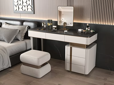 Modern Elegant Dressing Table With Mirror Stool White Drawers And Cosmetics On Top In Modern Bedroom 3d model