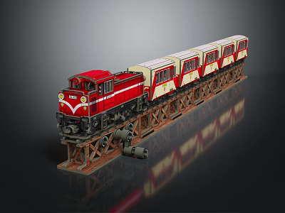 Red Model Train With White And Red Carriages On Metal Stand Dark Background Reflective Surface 3d model